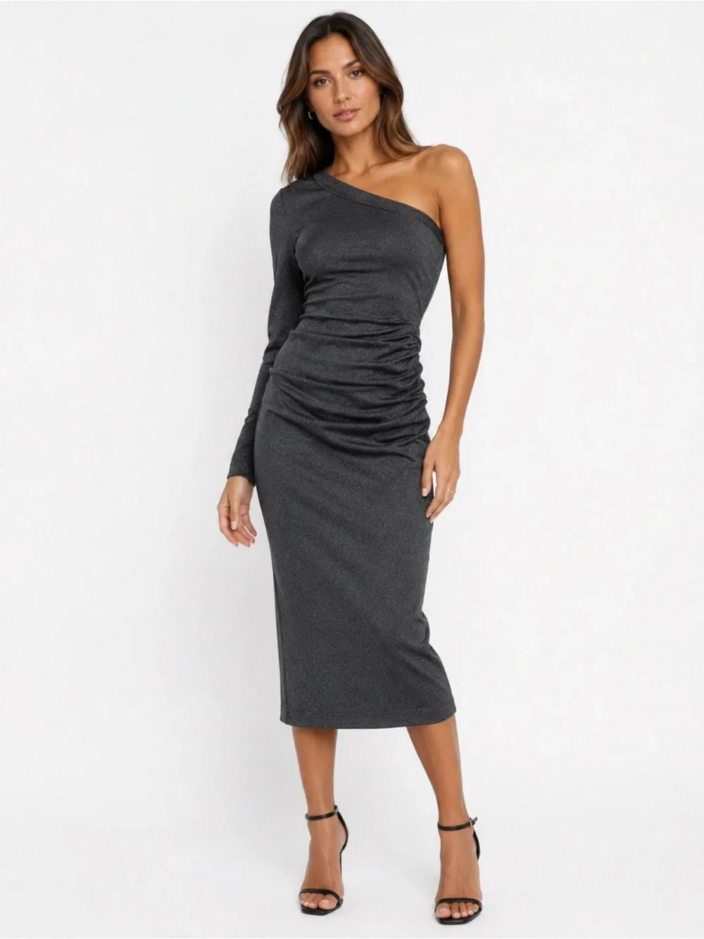 Michael Stars One-Shoulder Black Ruched Midi with Long Sleeve Y2K Made in USA S